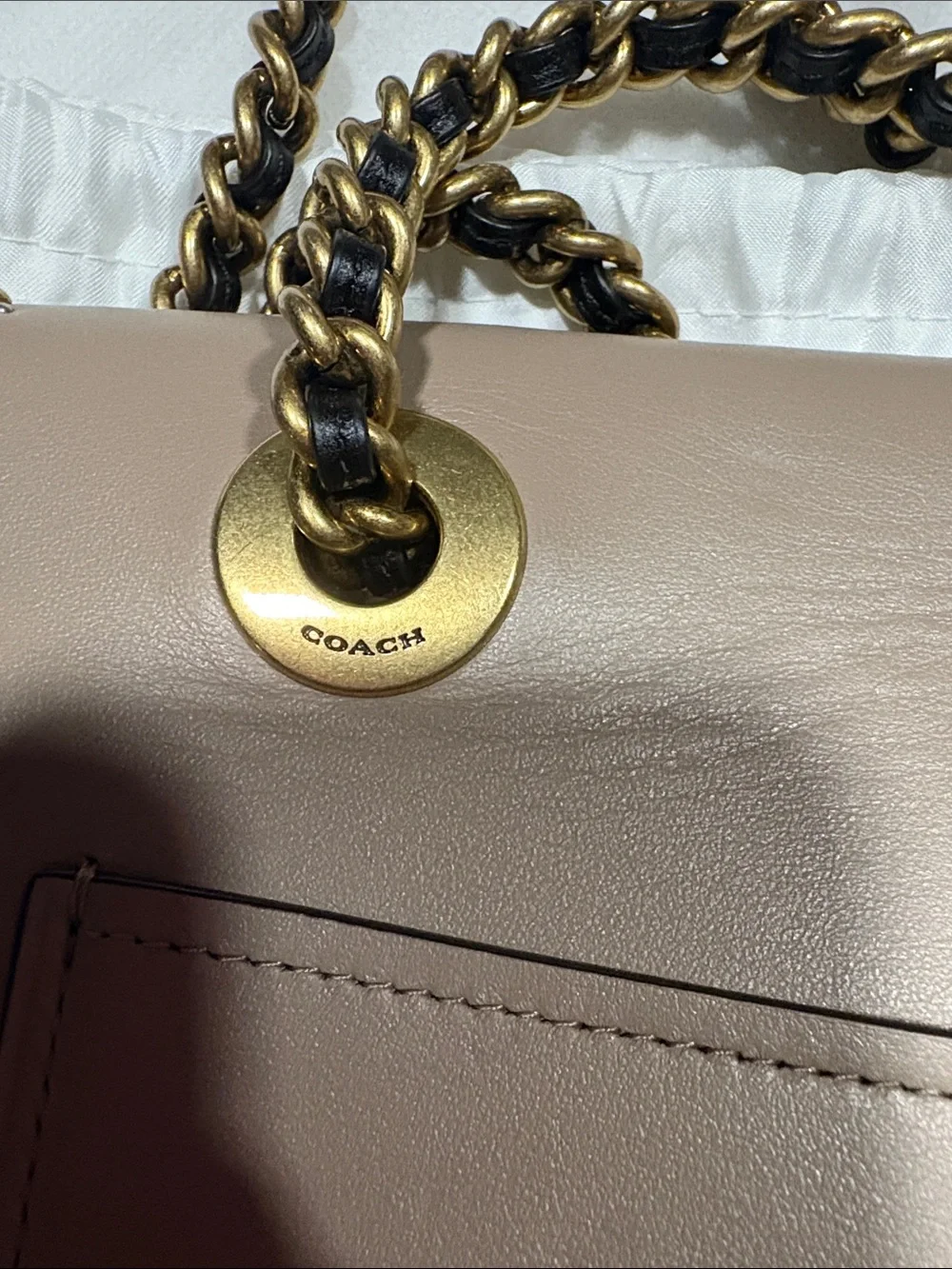 Coach Leather Chain Shoulder Bag in Black, Cream & Taupe